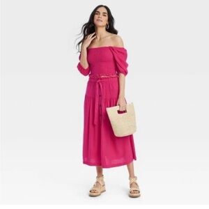 Set! Off Shoulder & Tie Waist Button Midi Skirt - Universal Thread Pink XS NWT